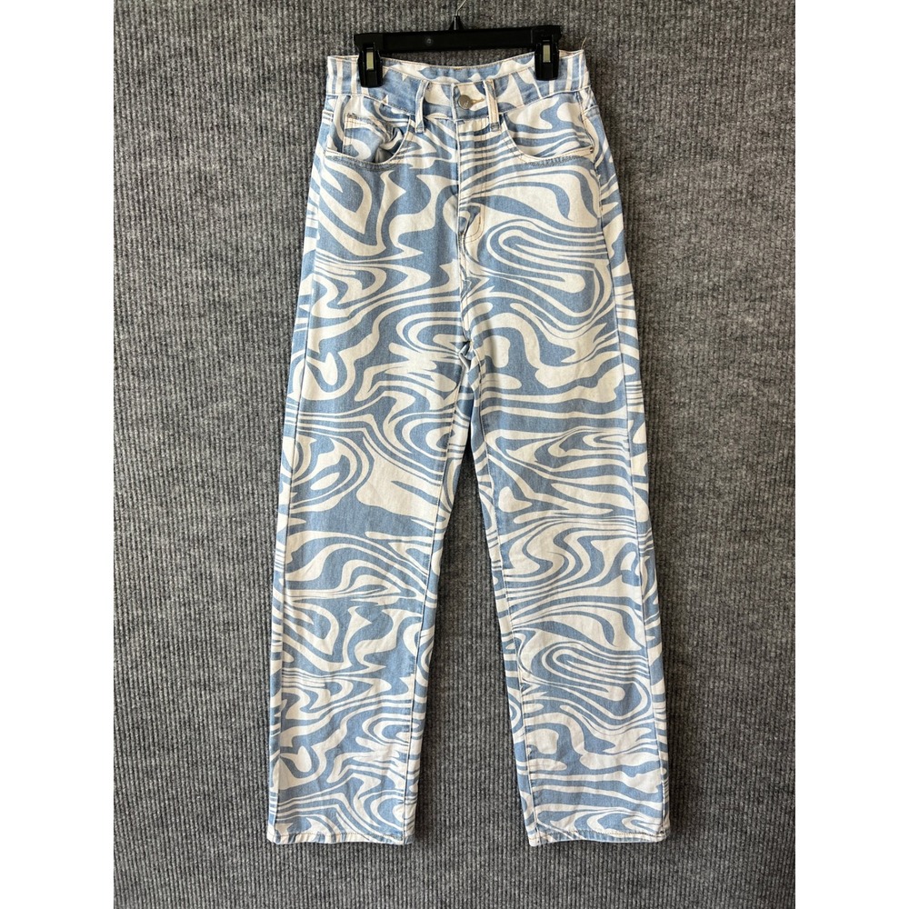 Marble Swirl Jeans Womens 26 Blue White Straight Leg Y2K Psychedelic Denim
